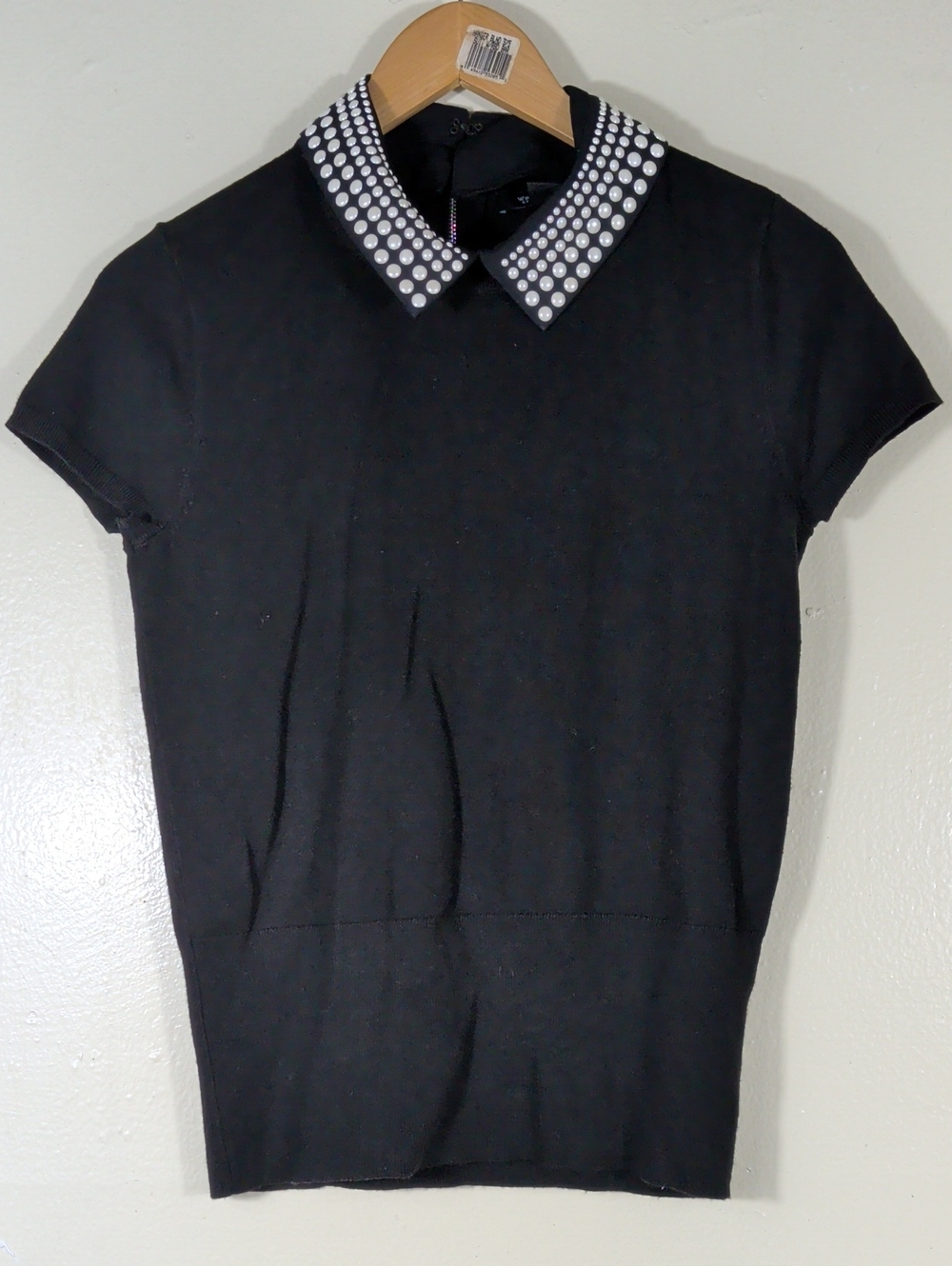 White House Black Market Black Short Sleeve Top with Studded White Collar Size s